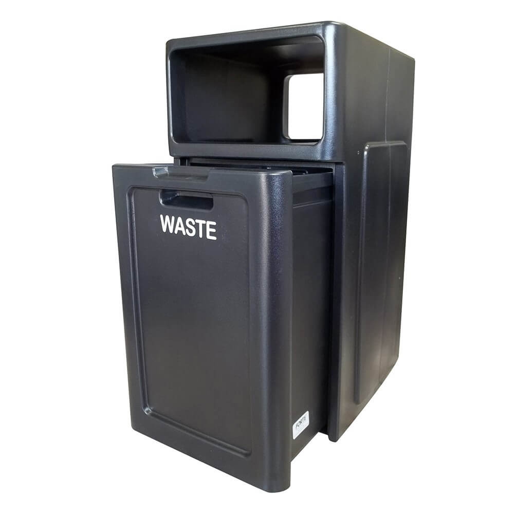 42-gallon square plastic outdoor trash receptacle with covered hood top and rigid liner, designed for high-traffic commercial properties.
